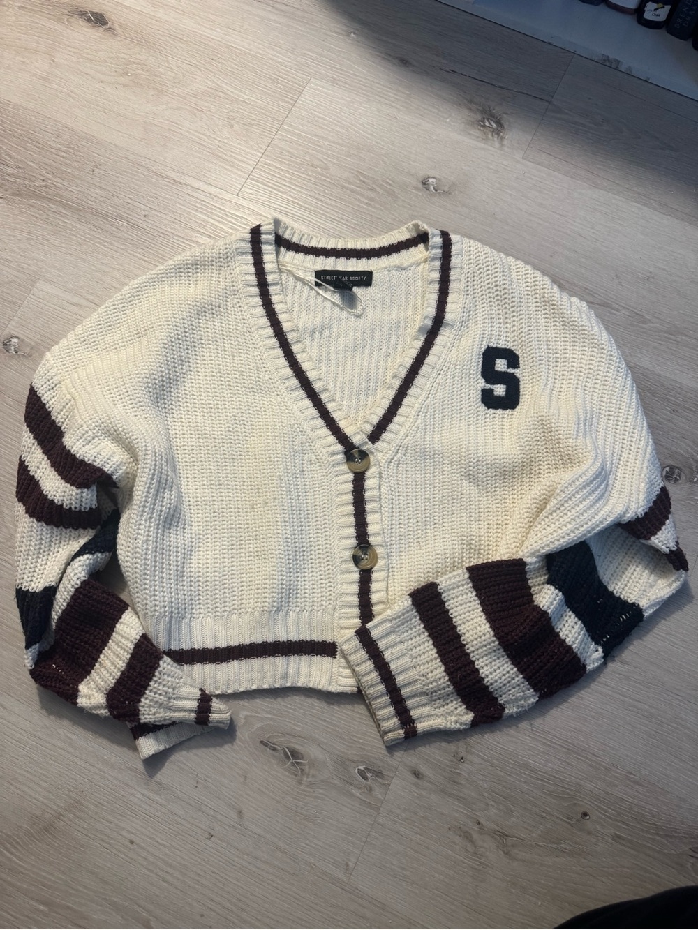 SHEIN Cream Cropped V-Neck Cardigan with Dark Brown Stripes